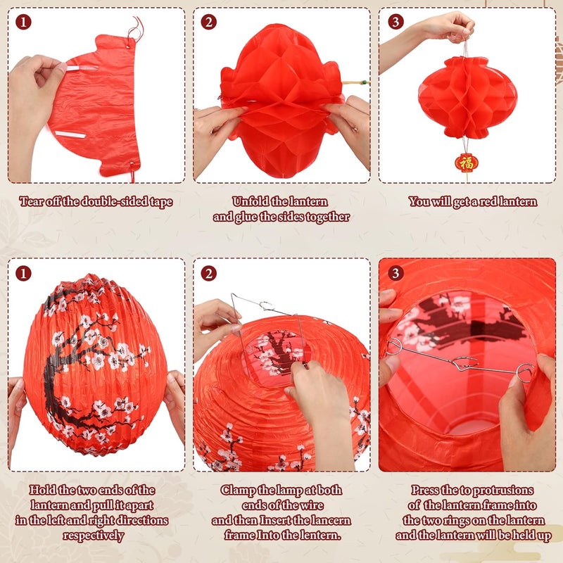 Fumete 20 Pcs 12" Chinese Japanese Paper Lanterns and 8" Red Chinese New Year Lanterns Japanese Hibachi Party Decor Cherry Blossom Hanging Decorations for Spring Festival Home Restaurant(Red, White) - Image 3